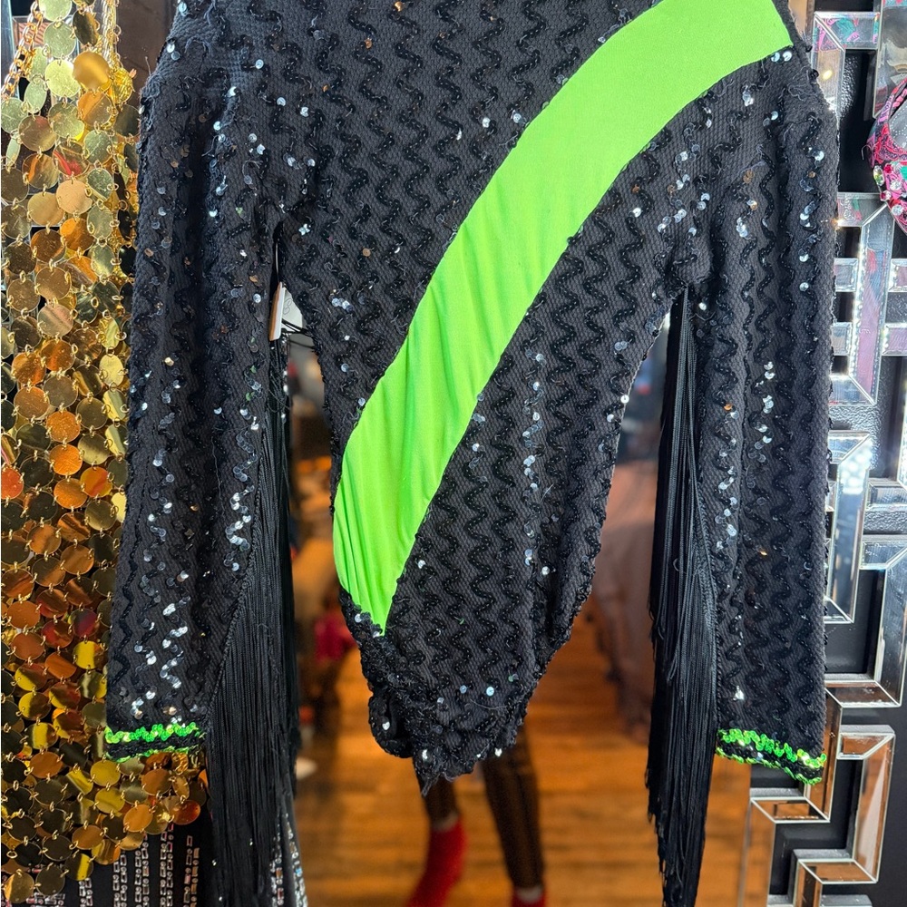 Black and Green Sequin Top with Fringe